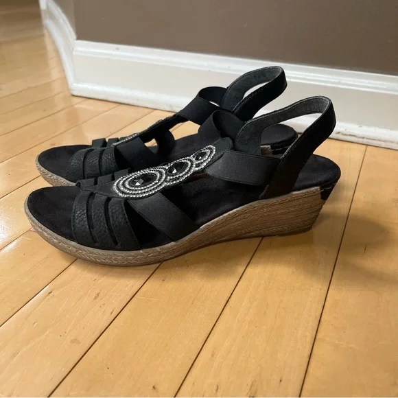 Rieker Wedge Sandals Womens Size 37 EU Shoes Black Slingback Espadrille Leather - Picture 2 of 9